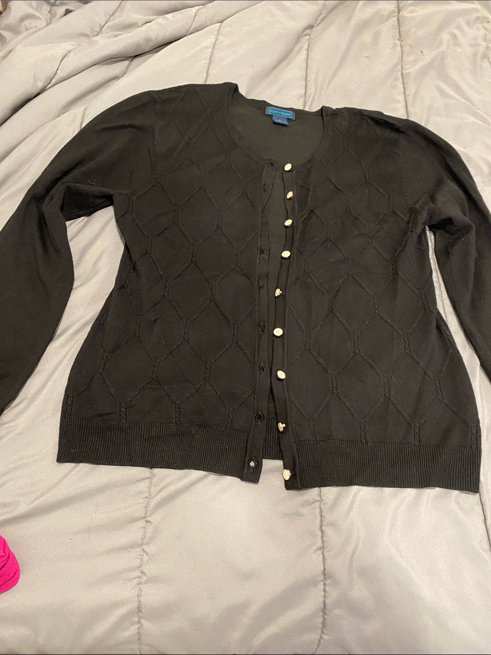 Talbots Black Diamond-Pattern Crewneck Cardigan with Contrast Buttons